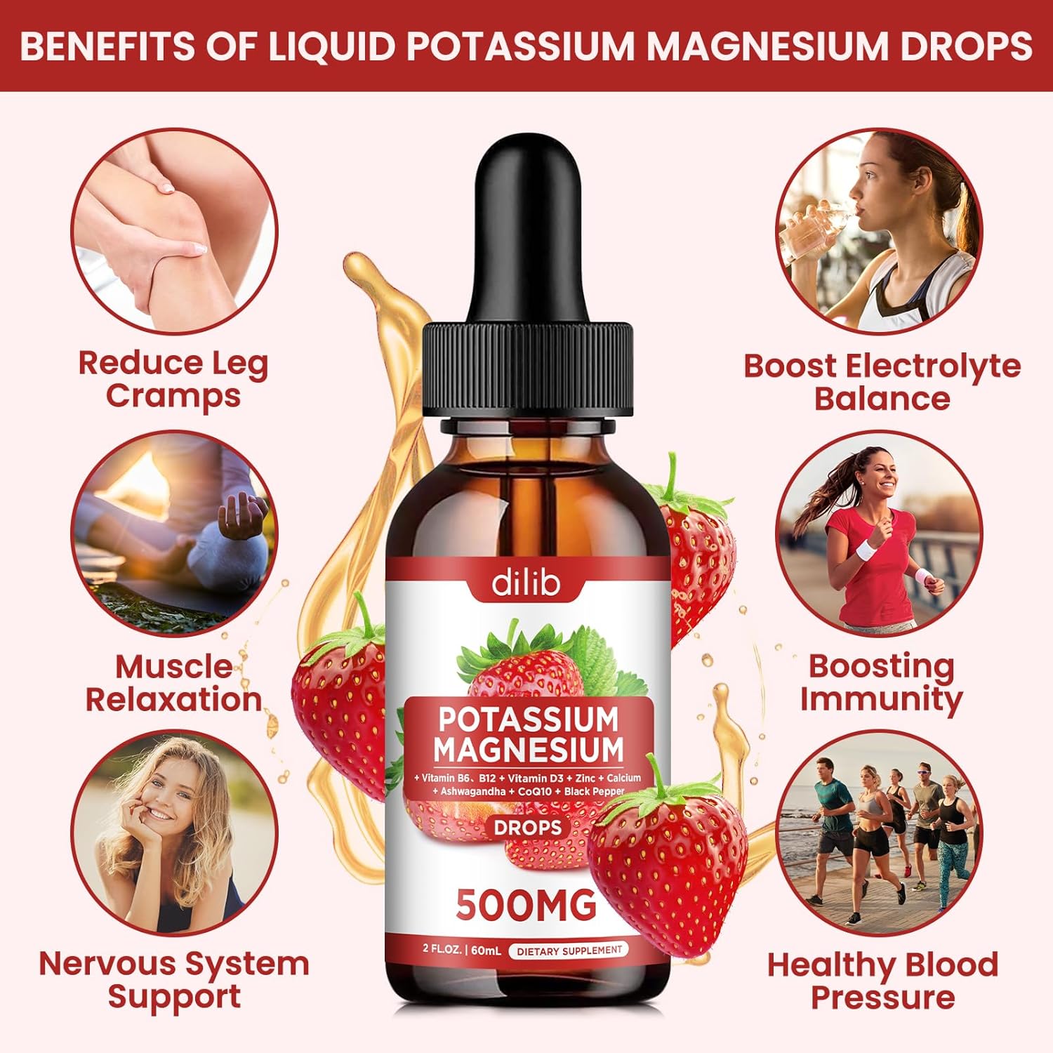 Liquid Magnesium Citrate Drops with Potassium, Ashwagandha, Calcium, Zinc, Vitamin D3 - Vegan Supplement for Calm, Bone, Muscle, Immune Health - 2 Pack