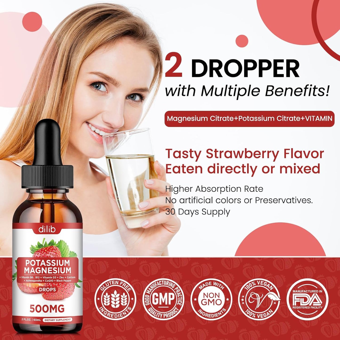 Liquid Magnesium Citrate Drops with Potassium, Ashwagandha, Calcium, Zinc, Vitamin D3 - Vegan Supplement for Calm, Bone, Muscle, Immune Health - 2 Pack