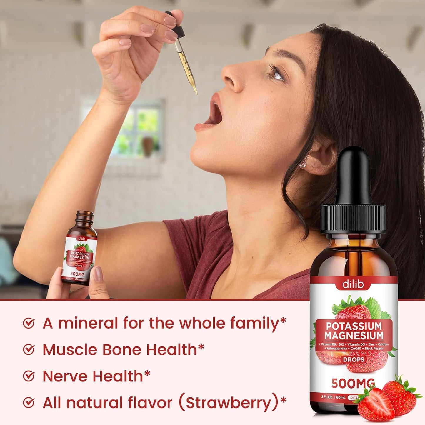 Liquid Magnesium Citrate Drops with Potassium, Ashwagandha, Calcium, Zinc, Vitamin D3 - Vegan Supplement for Calm, Bone, Muscle, Immune Health - 2 Pack