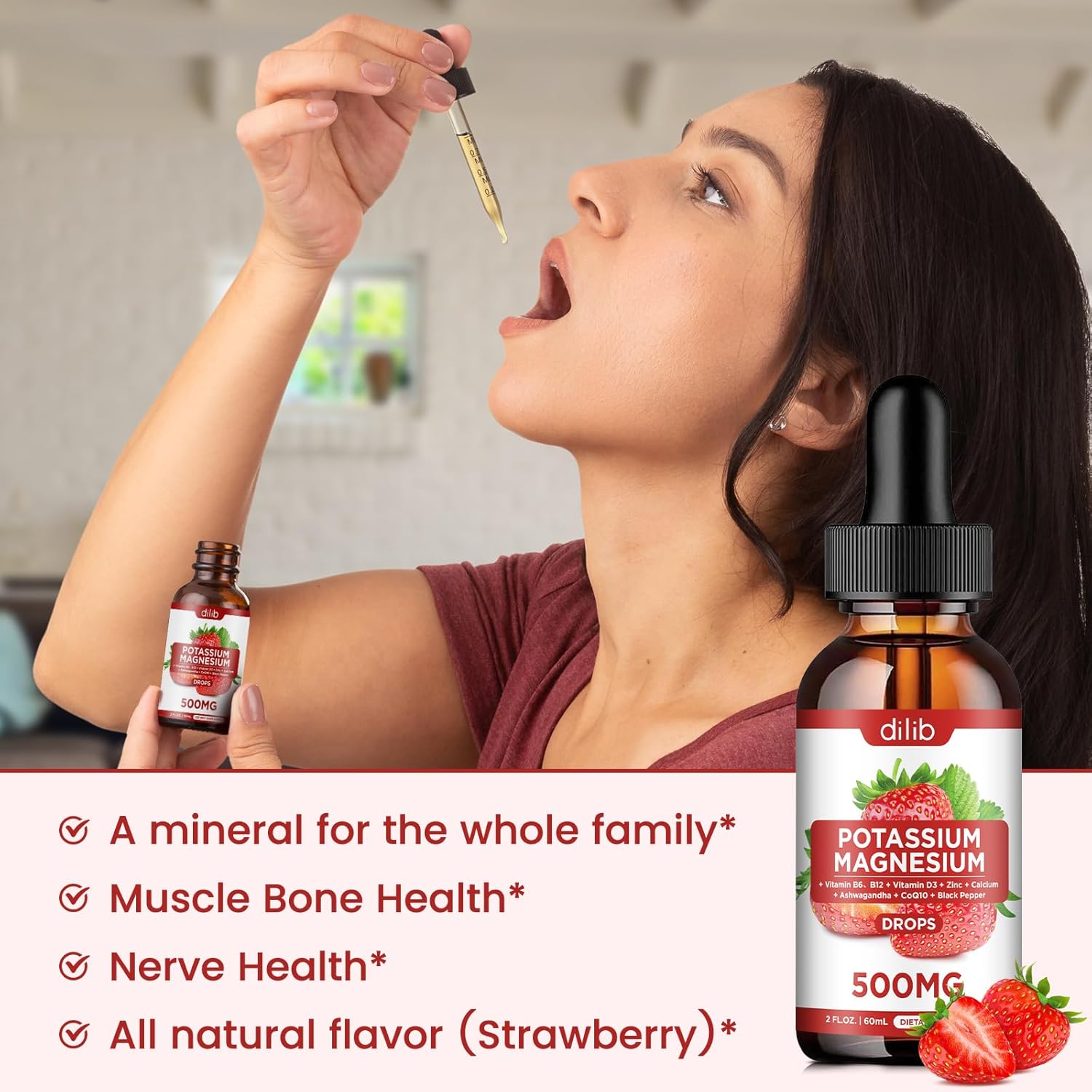 Liquid Magnesium Citrate Drops with Potassium, Ashwagandha, Calcium, Zinc, Vitamin D3 - Vegan Supplement for Calm, Bone, Muscle, Immune Health - 2 Pack