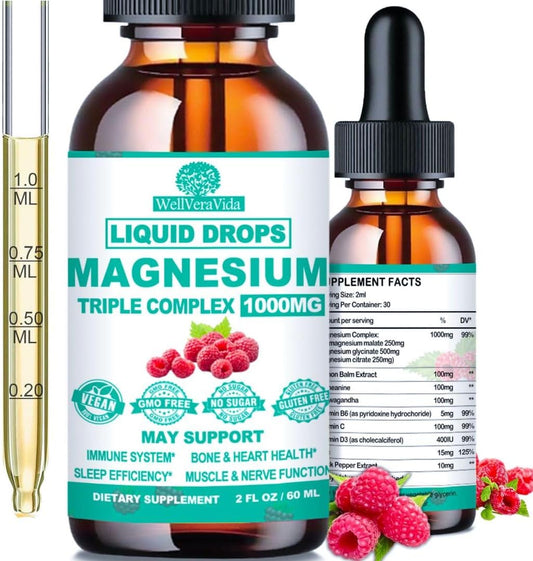 Liquid Magnesium Complex with Triple Chelated Forms, Vitamin D3, K2, B6, Zinc for Bone, Sleep, Heart, Energy & Nerve Support