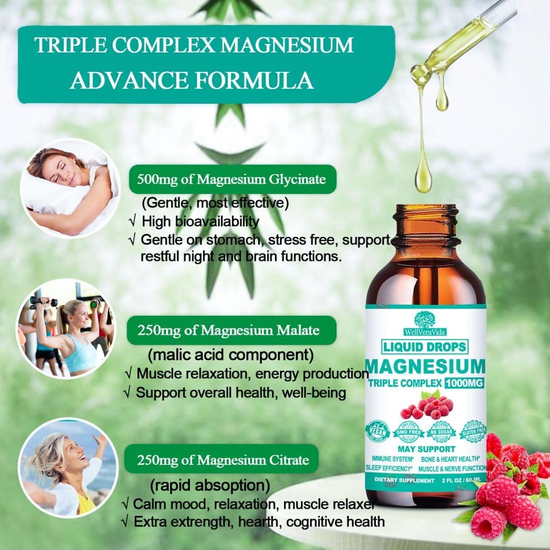 Liquid Magnesium Complex with Triple Chelated Forms, Vitamin D3, K2, B6, Zinc for Bone, Sleep, Heart, Energy & Nerve Support