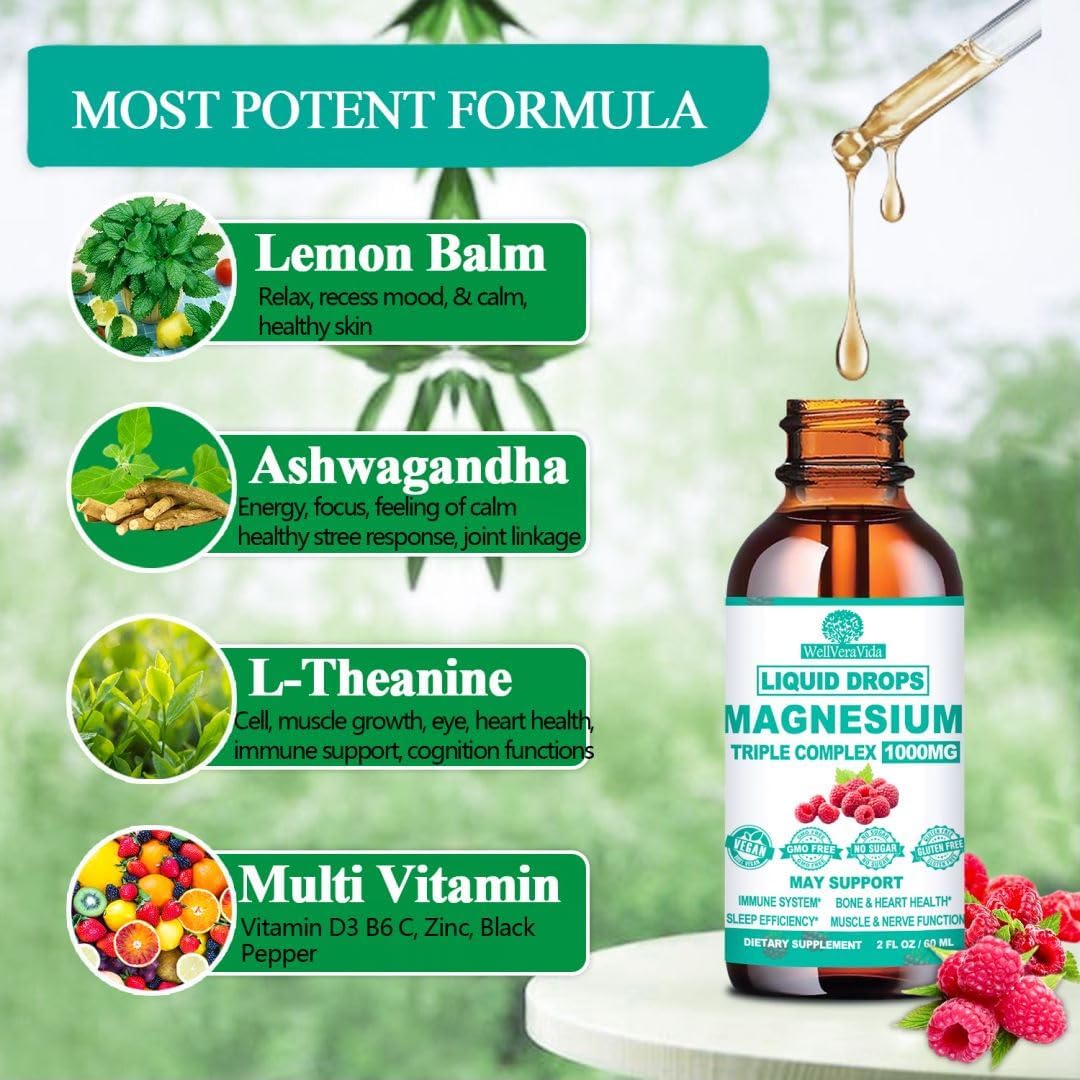 Liquid Magnesium Complex with Triple Chelated Forms, Vitamin D3, K2, B6, Zinc for Bone, Sleep, Heart, Energy & Nerve Support