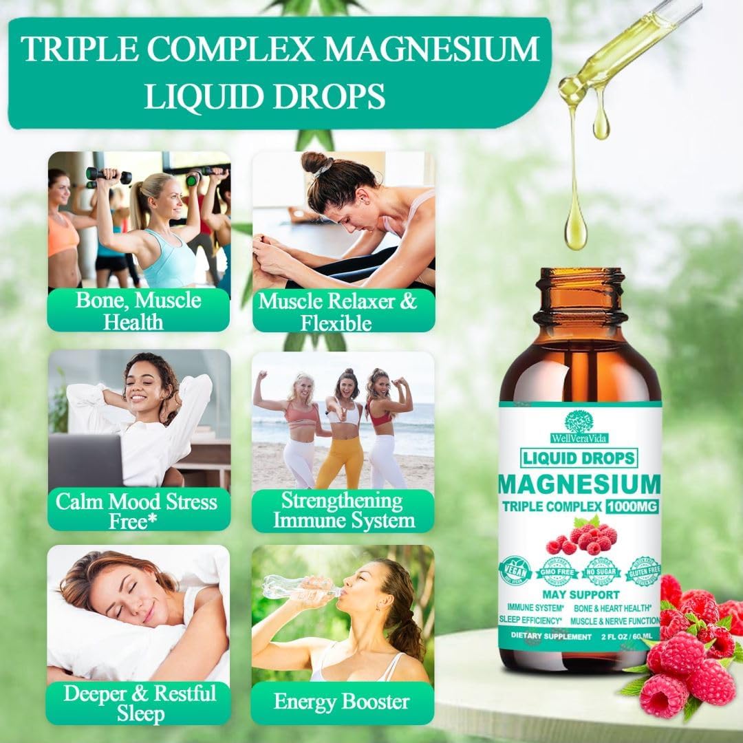 Liquid Magnesium Complex with Triple Chelated Forms, Vitamin D3, K2, B6, Zinc for Bone, Sleep, Heart, Energy & Nerve Support