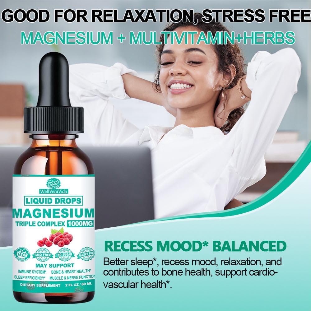 Liquid Magnesium Complex with Triple Chelated Forms, Vitamin D3, K2, B6, Zinc for Bone, Sleep, Heart, Energy & Nerve Support