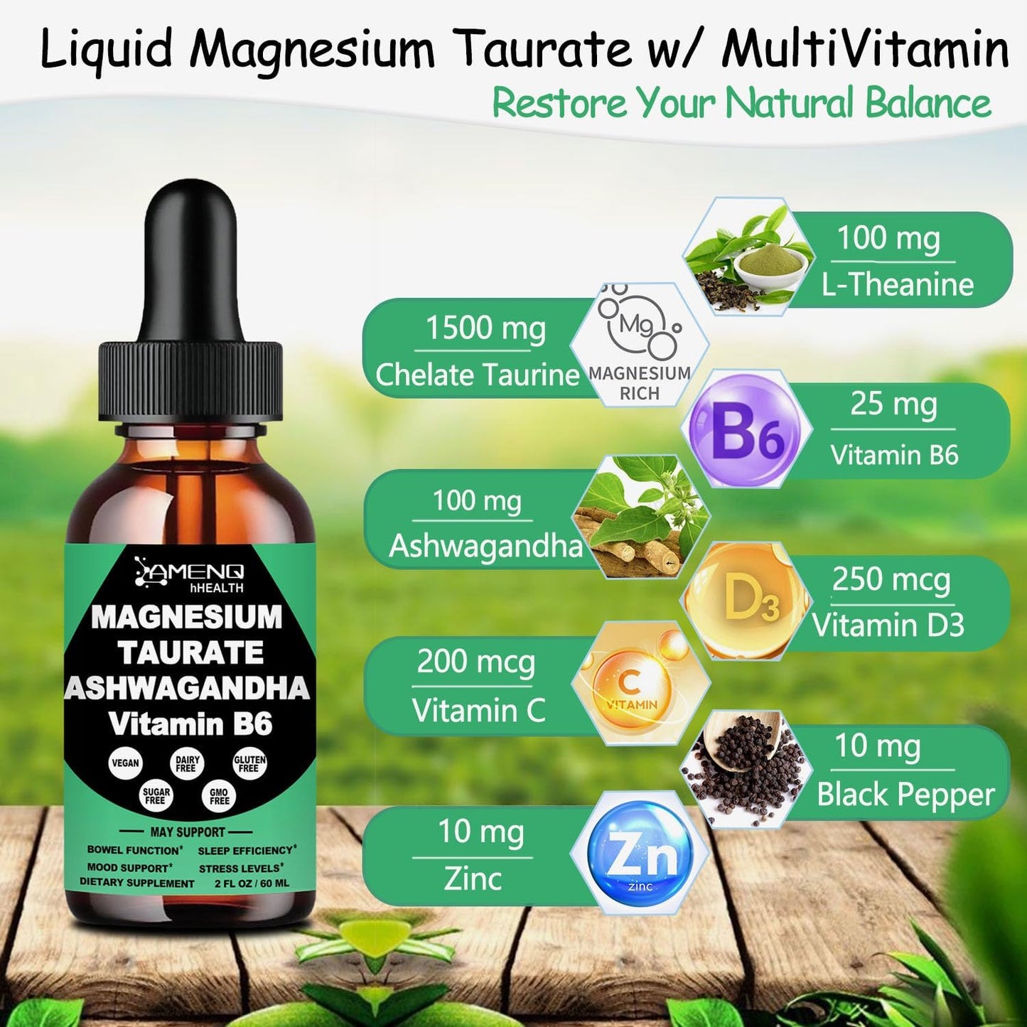 Liquid Magnesium Cortisol Management Drink with Ashwagandha, L-Theanine, and Magnesium for Heart Health and Detox