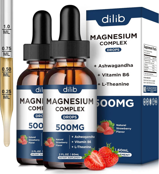 Liquid Magnesium Glycinate Drops - 500mg Triple Magnesium Complex with Citrate, Malate, Ashwagandha, L-Theanine, Vitamin B6 - Sleep, Stress Relief, Muscle Support - Strawberry Flavor - 4 Fl Oz