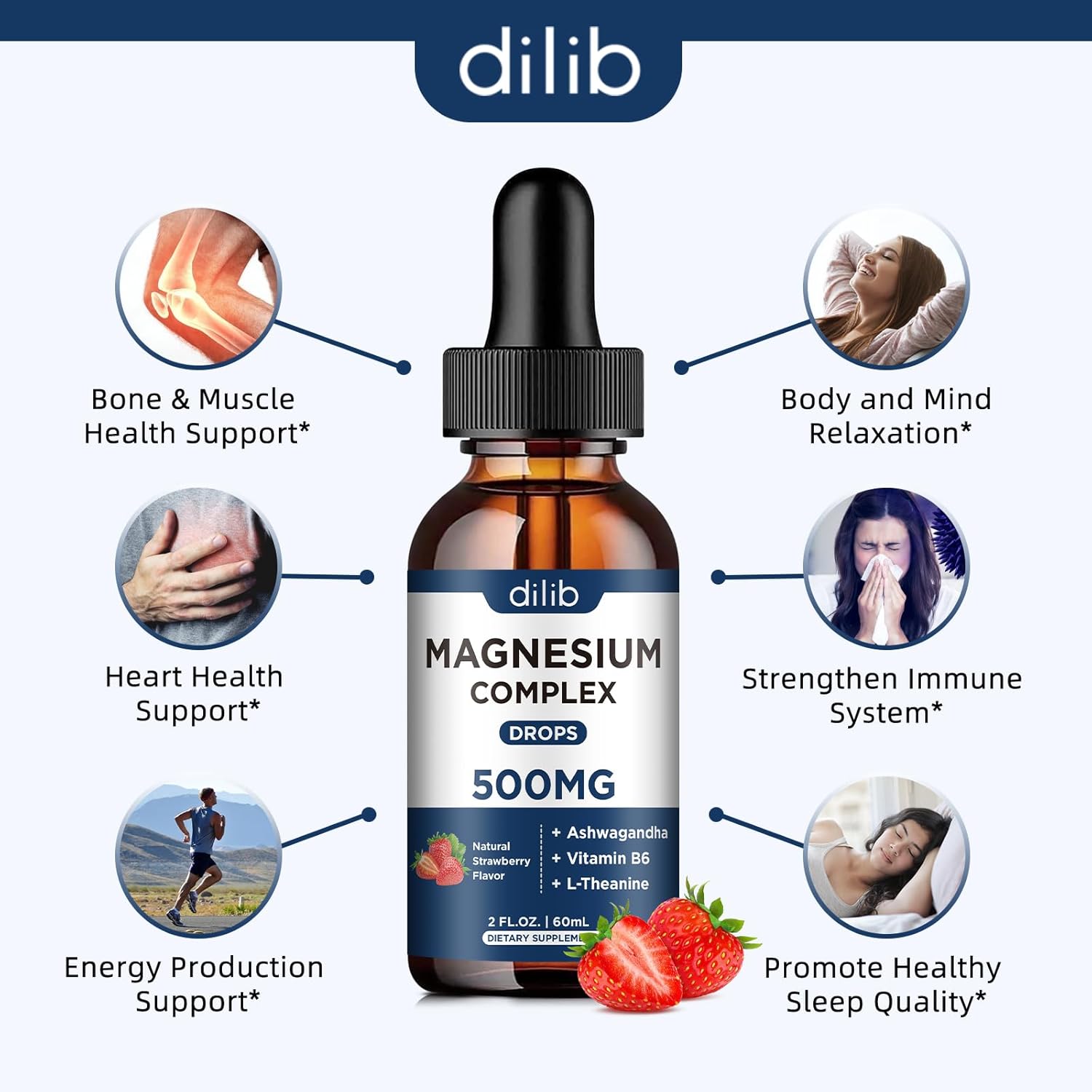 Liquid Magnesium Glycinate Drops - 500mg Triple Magnesium Complex with Citrate, Malate, Ashwagandha, L-Theanine, Vitamin B6 - Sleep, Stress Relief, Muscle Support - Strawberry Flavor - 4 Fl Oz