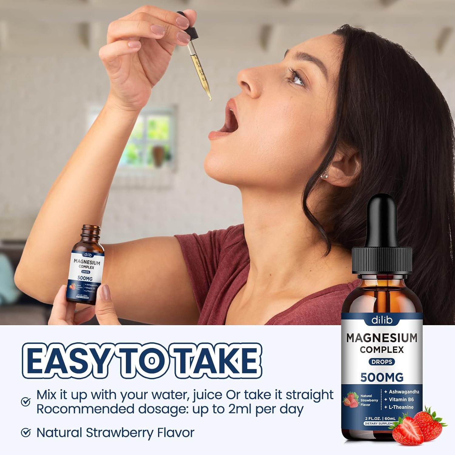 Liquid Magnesium Glycinate Drops - 500mg Triple Magnesium Complex with Citrate, Malate, Ashwagandha, L-Theanine, Vitamin B6 - Sleep, Stress Relief, Muscle Support - Strawberry Flavor - 4 Fl Oz