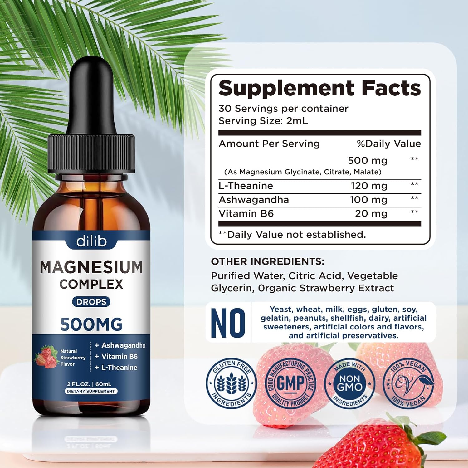 Liquid Magnesium Glycinate Drops - 500mg Triple Magnesium Complex with Citrate, Malate, Ashwagandha, L-Theanine, Vitamin B6 - Sleep, Stress Relief, Muscle Support - Strawberry Flavor - 4 Fl Oz