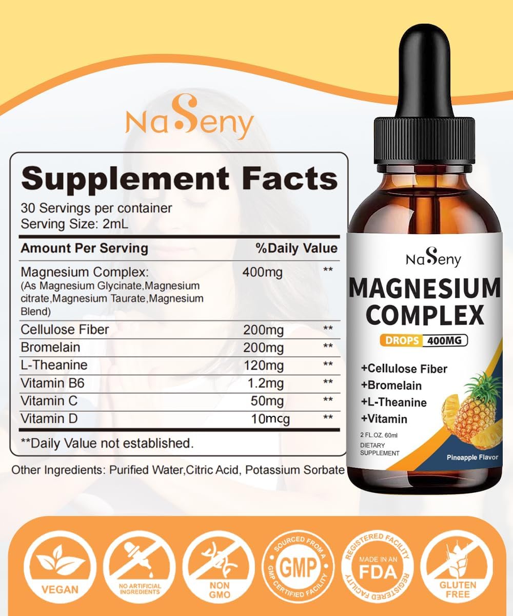 Liquid Magnesium Glycinate Drops for Bone Health, Relaxation, and Sleep - 400mg Complex with Vitamin B, C, D - Easy to Swallow - 2 Fl Oz