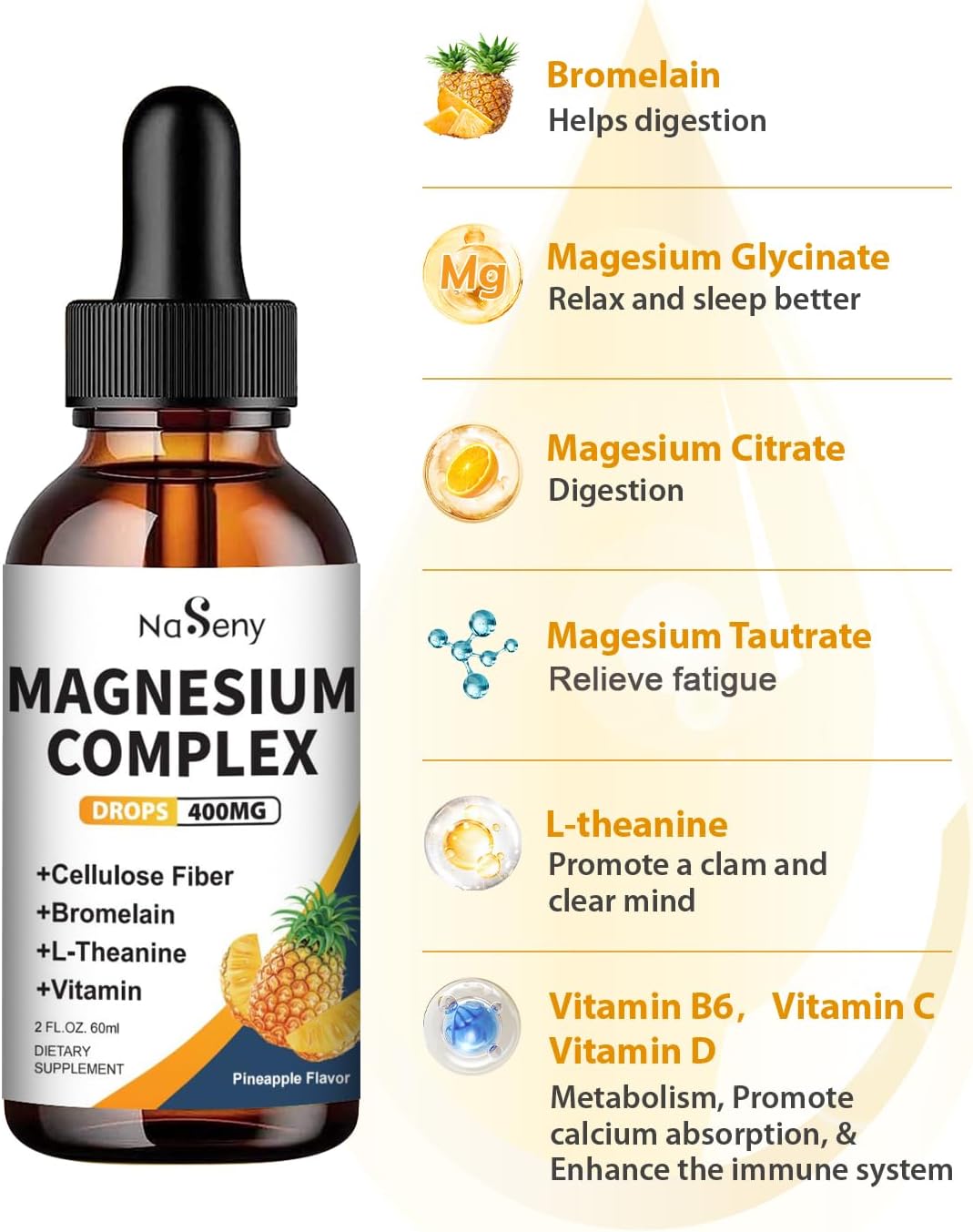 Liquid Magnesium Glycinate Drops for Bone Health, Relaxation, and Sleep - 400mg Complex with Vitamin B, C, D - Easy to Swallow - 2 Fl Oz