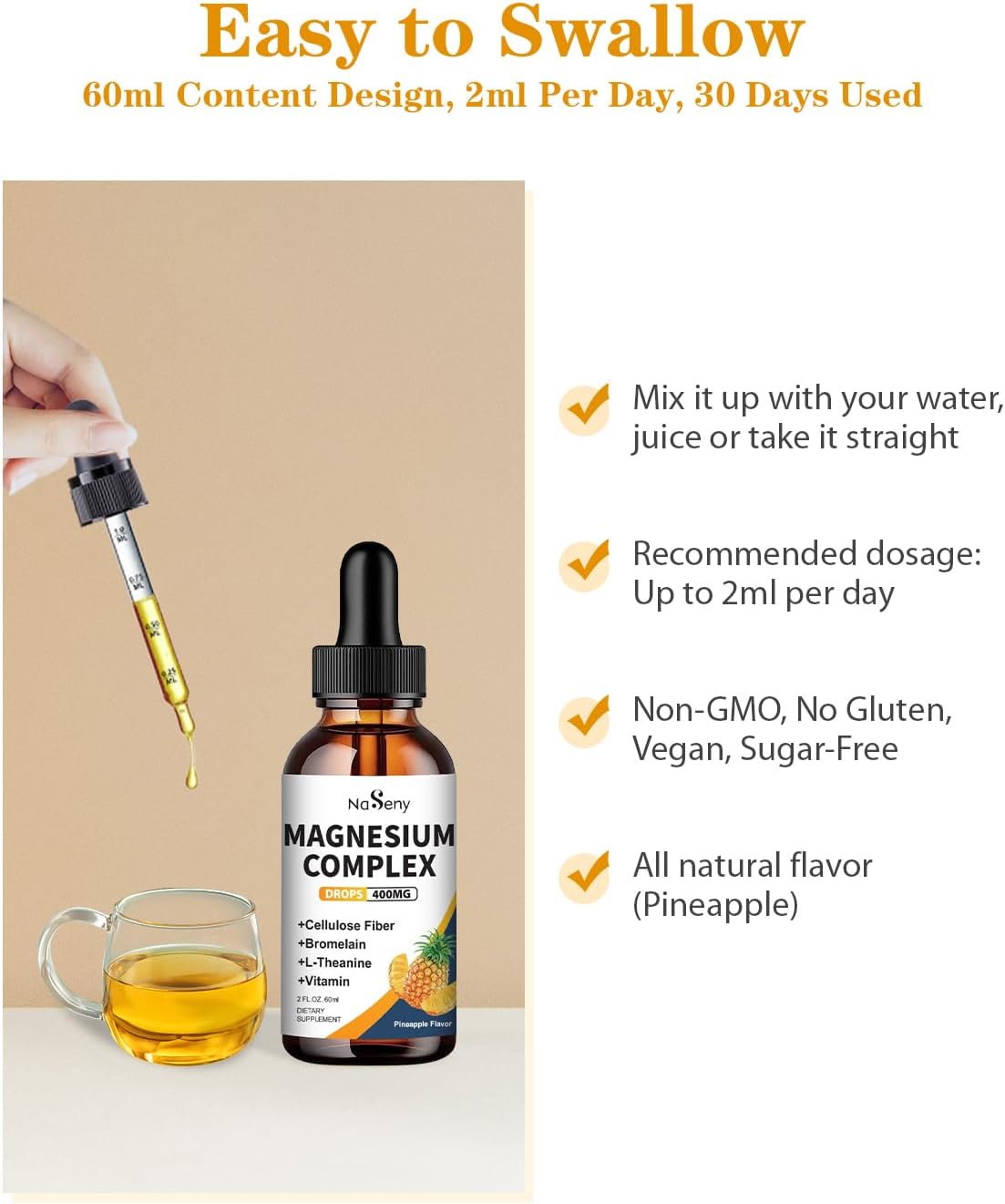 Liquid Magnesium Glycinate Drops for Bone Health, Relaxation, and Sleep - 400mg Complex with Vitamin B, C, D - Easy to Swallow - 2 Fl Oz
