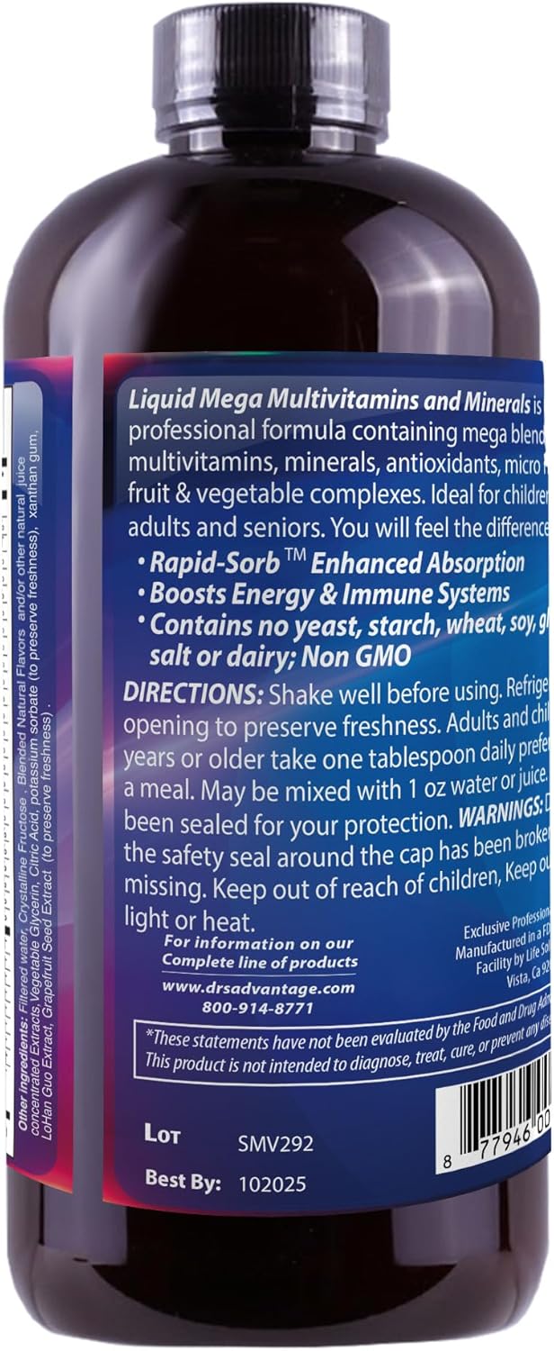 Liquid Mega MultiVitamins and Minerals by Dr's Advantage - 32oz Bottle for Health and Beauty
