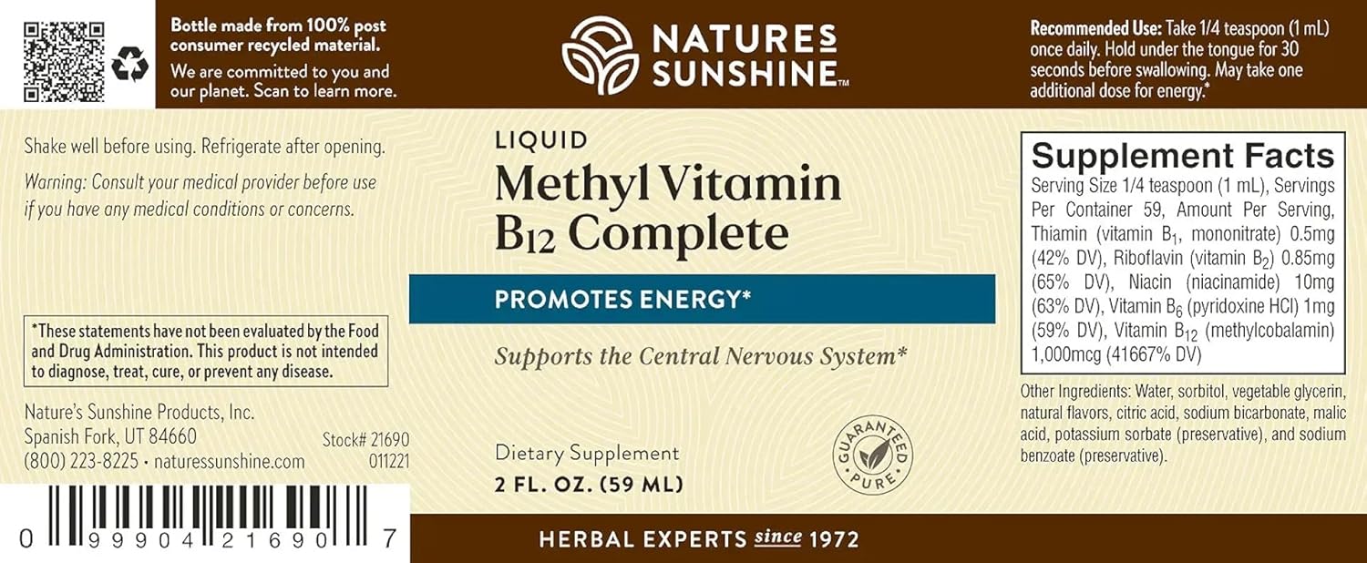 Liquid Methyl B-12 Complete by Nature's Sunshine | Boosts Energy, Nervous System Support, Immune System Booster | 1,000 mcg Vitamin B12 | 2 fl. oz.