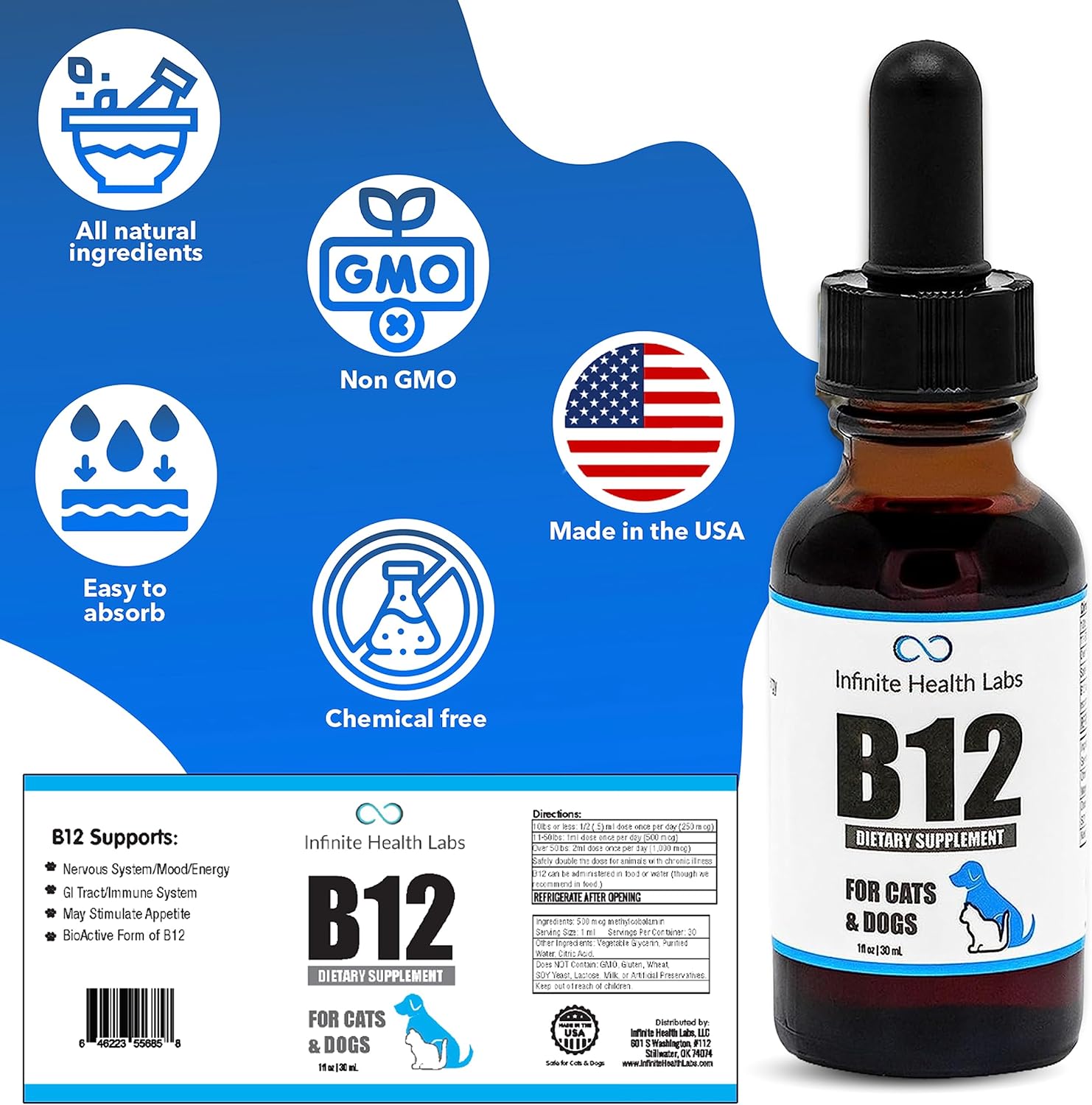 Liquid Methyl B12 Vitamin for Dogs and Cats - Vet Formulated for Infinite Health - USA Made for Energy, Appetite, and Mood Boost
