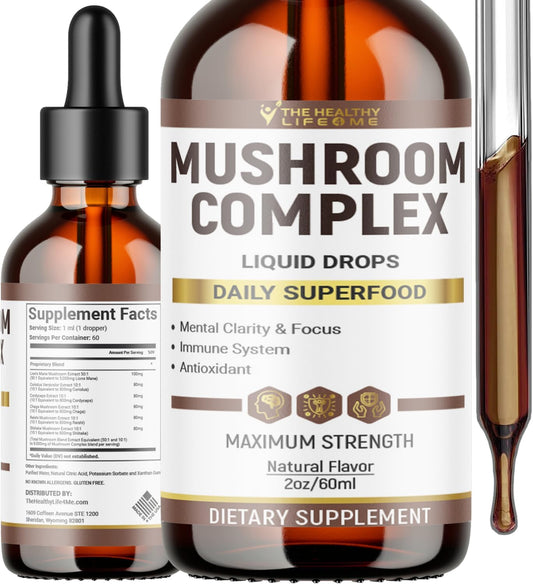 Liquid Mushroom Complex for Health | Herbal Drops with Lion's Mane, Reishi, Shiitake, Chaga, Cordyceps, Coriolus Versicolor | NonGMO Supplement | 2oz - 60 Day Supply