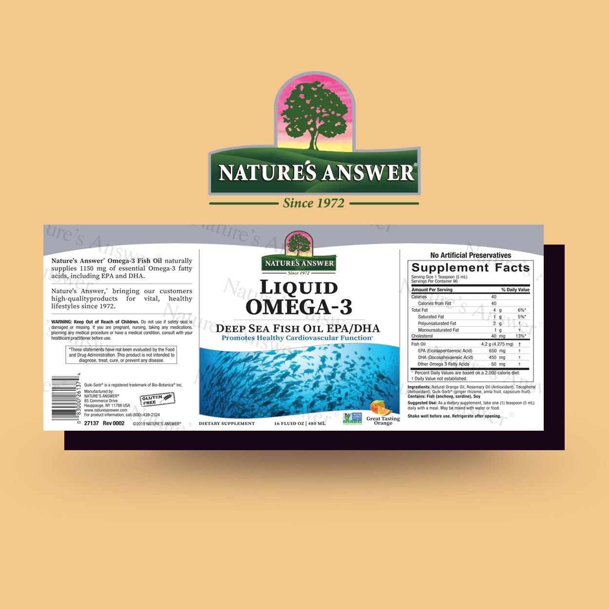 Liquid Omega-3 Fish Oil Supplement | Rich in EPA/DHA for Heart Health | 16oz Bottle | Preservative-Free & Gluten-Free