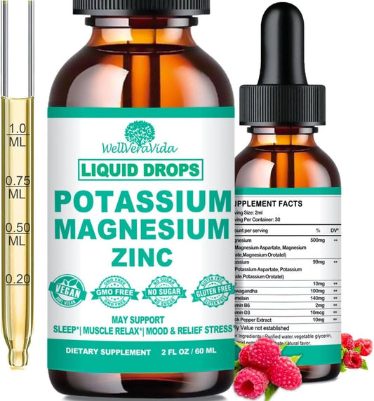 Liquid Potassium Magnesium Supplement Drops with Bromelain, D3 B6, Zinc - Electrolyte Balance & Vascular Health Formula for Leg Cramps - Cortisol Detox Support