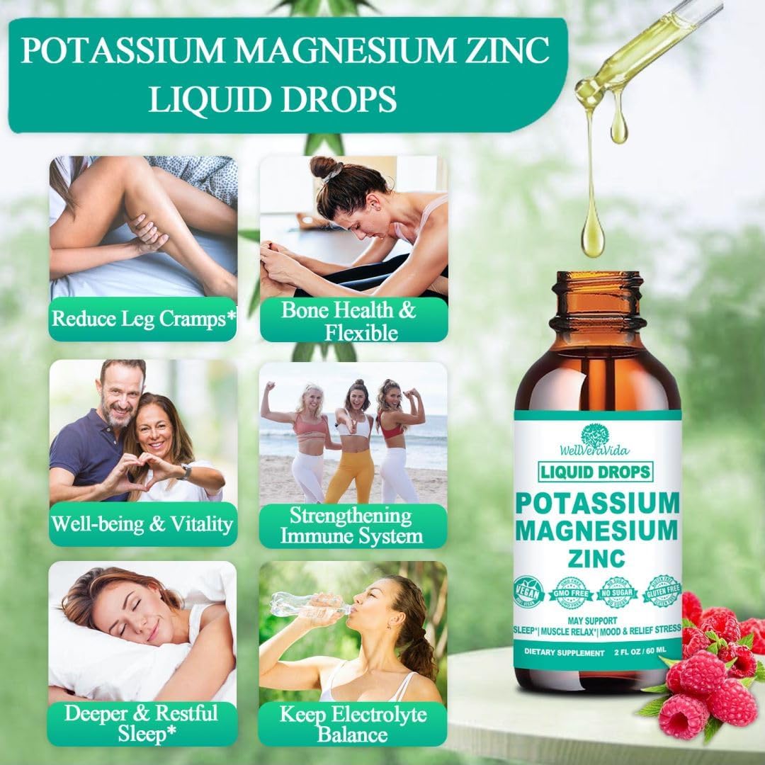 Liquid Potassium Magnesium Supplement Drops with Bromelain, D3 B6, Zinc - Electrolyte Balance & Vascular Health Formula for Leg Cramps - Cortisol Detox Support