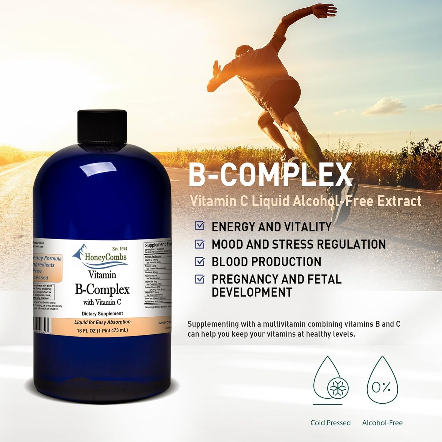 Liquid Super B Complex Vitamins with Vitamin C - Alcohol-Free Supplement - 16 Fl Oz