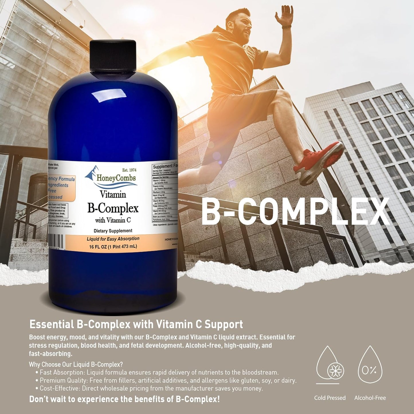 Liquid Super B Complex Vitamins with Vitamin C - Alcohol-Free Supplement - 16 Fl Oz