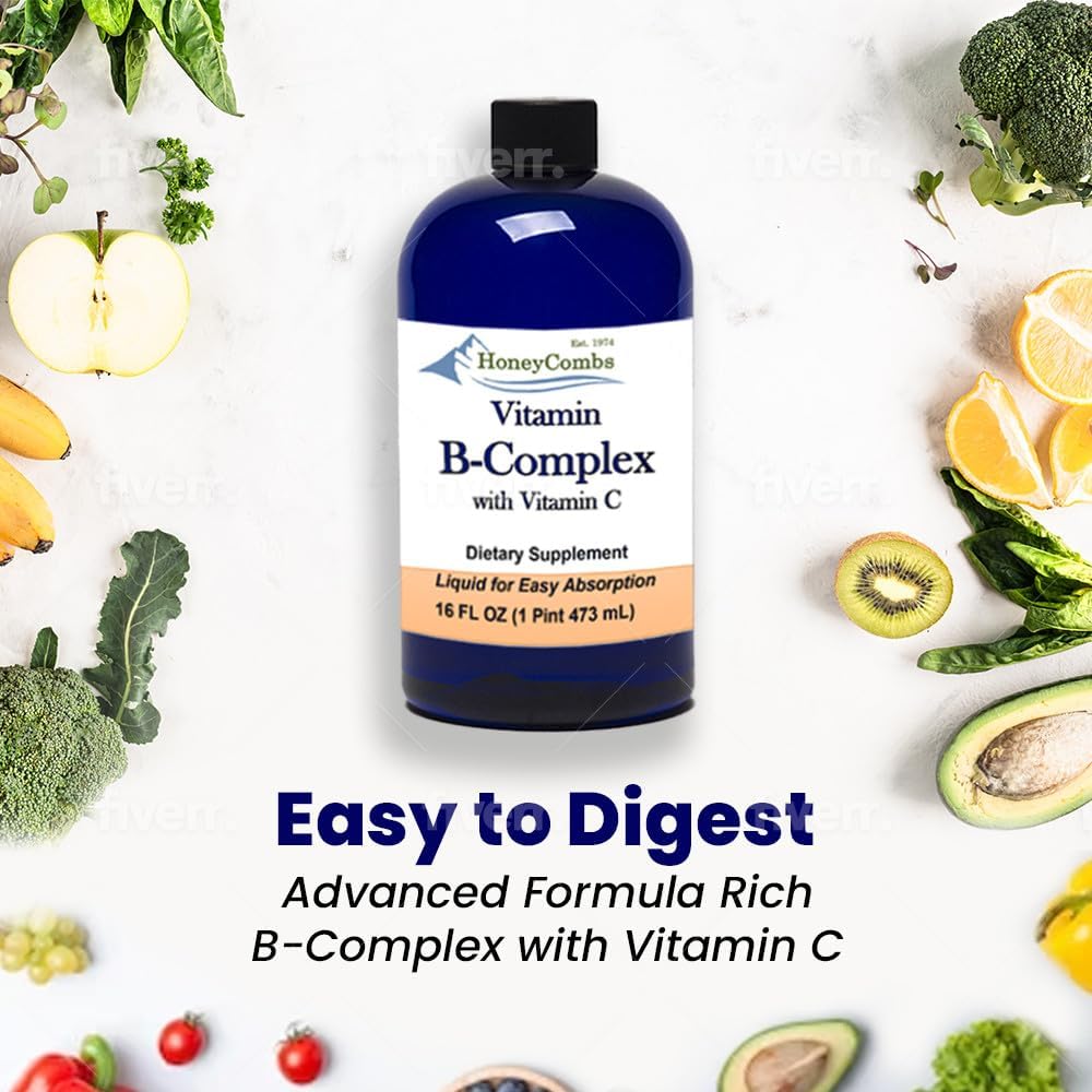 Liquid Super B Complex Vitamins with Vitamin C - Alcohol-Free Supplement - 16 Fl Oz