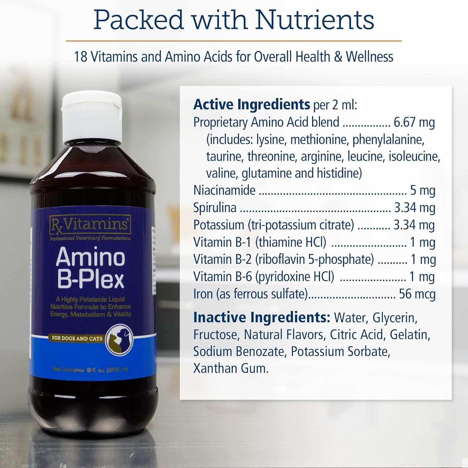 Liquid Vitamin B Complex Supplement with Amino Acids for Cats & Dogs - Supports Appetite and Weight Gain - 8 oz Bottle