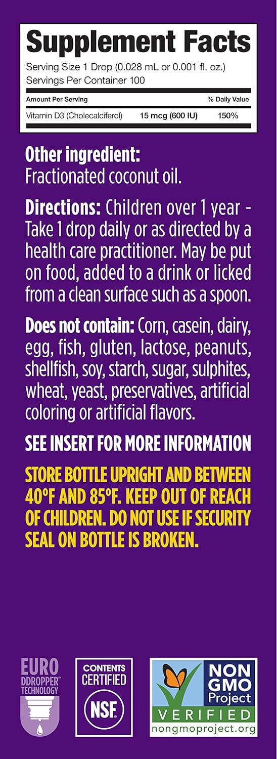 Liquid Vitamin D for Kids - Ddrops Kids Booster 600IU, 100 Drops, Supports Strong Bones & Immune System, Non-GMO, Allergy-Friendly, No Preservatives or Sugar