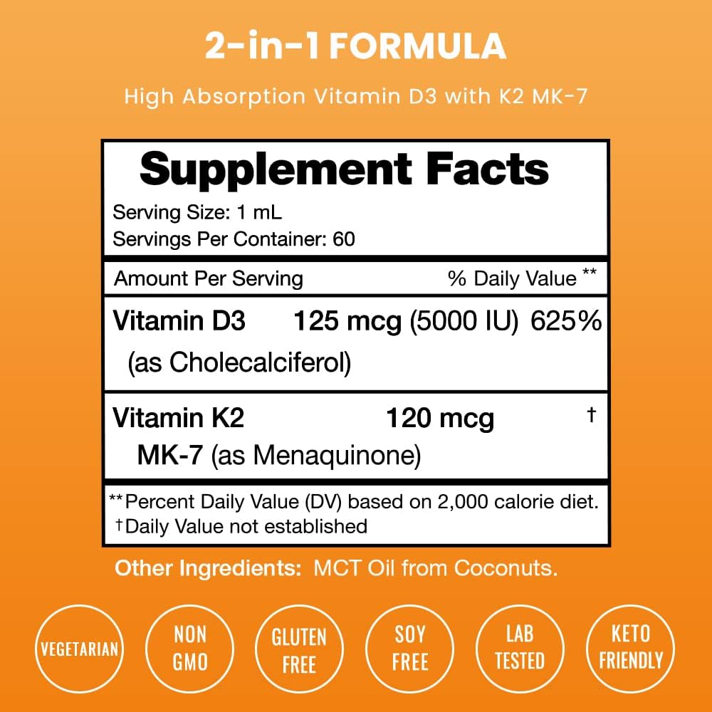 Liquid Vitamin D3 K2 Drops - 5000 IU with MK7 for Kids, Bone and Heart Health - MCT Oil for Absorption