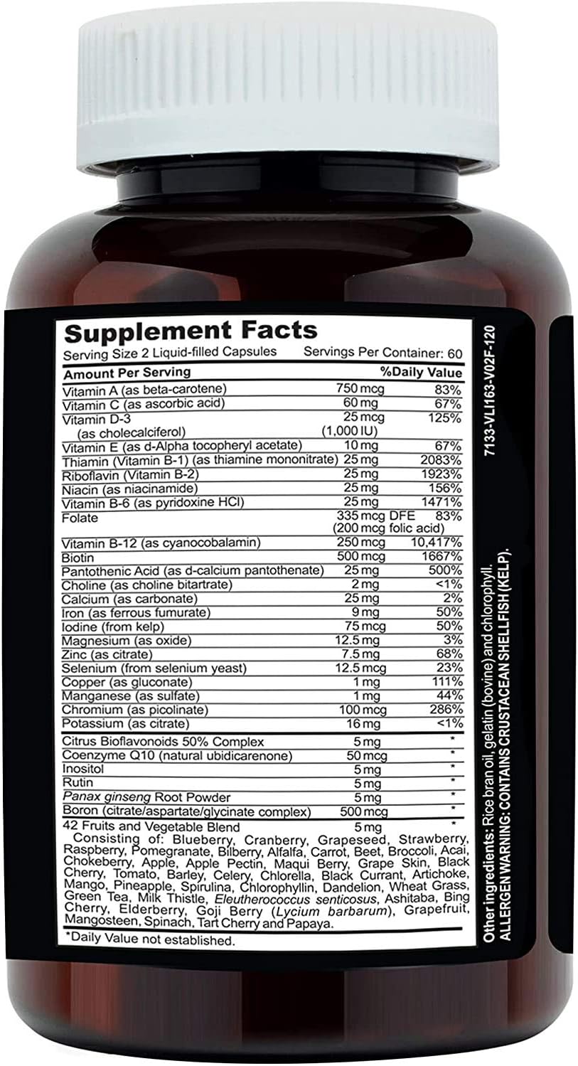 Liquid Whole Food Multivitamin Supplement for Women & Men - Enhanced Absorption! 42 Superfood Fruits & Vegetables - 120 Capsules for All Ages