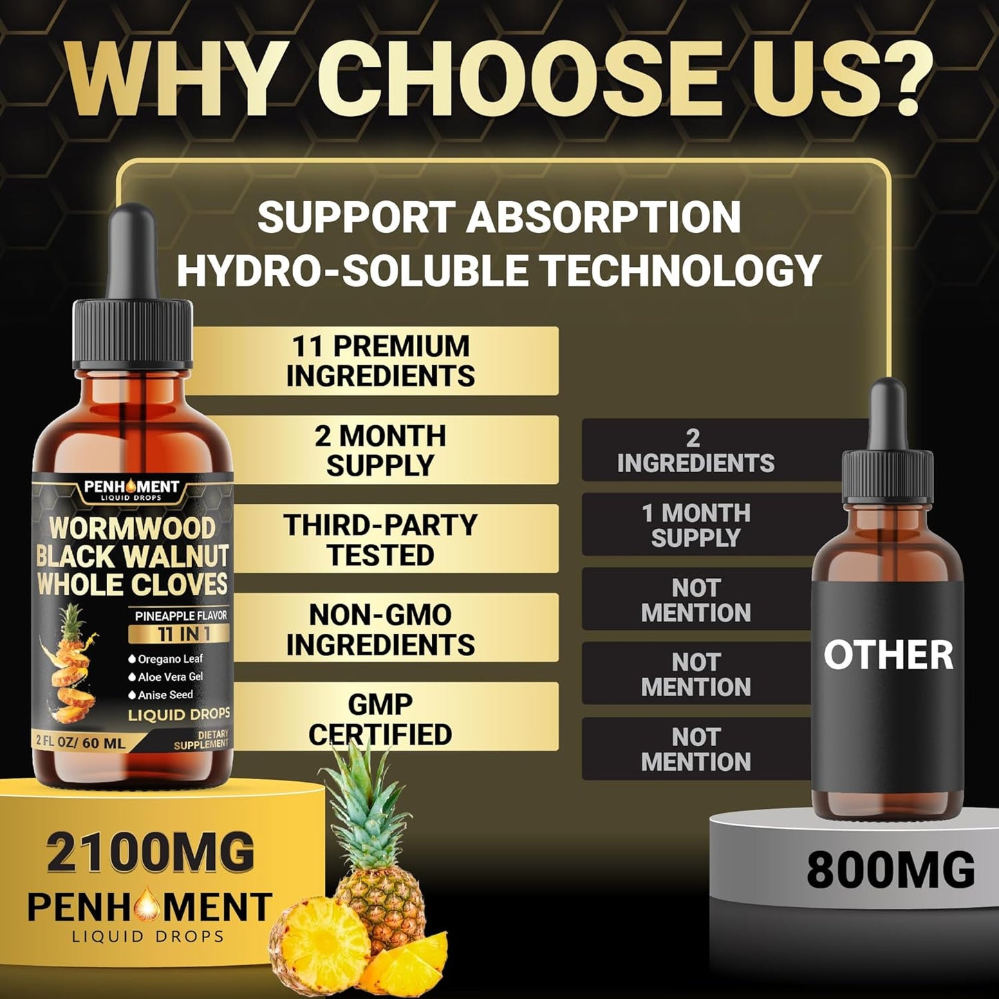 Liquid Wormwood Drops with Black Walnut, Whole Cloves, Oregano & More - Pineapple Flavor - 2 FL OZ - 60 Days Supply