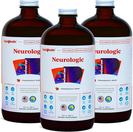 LiquidHealth 32 Oz Nootropic Brain Supplement for Memory & Focus - Cognitive Function Booster with Ginkgo Biloba, Choline, L-Theanine - 3 Pack