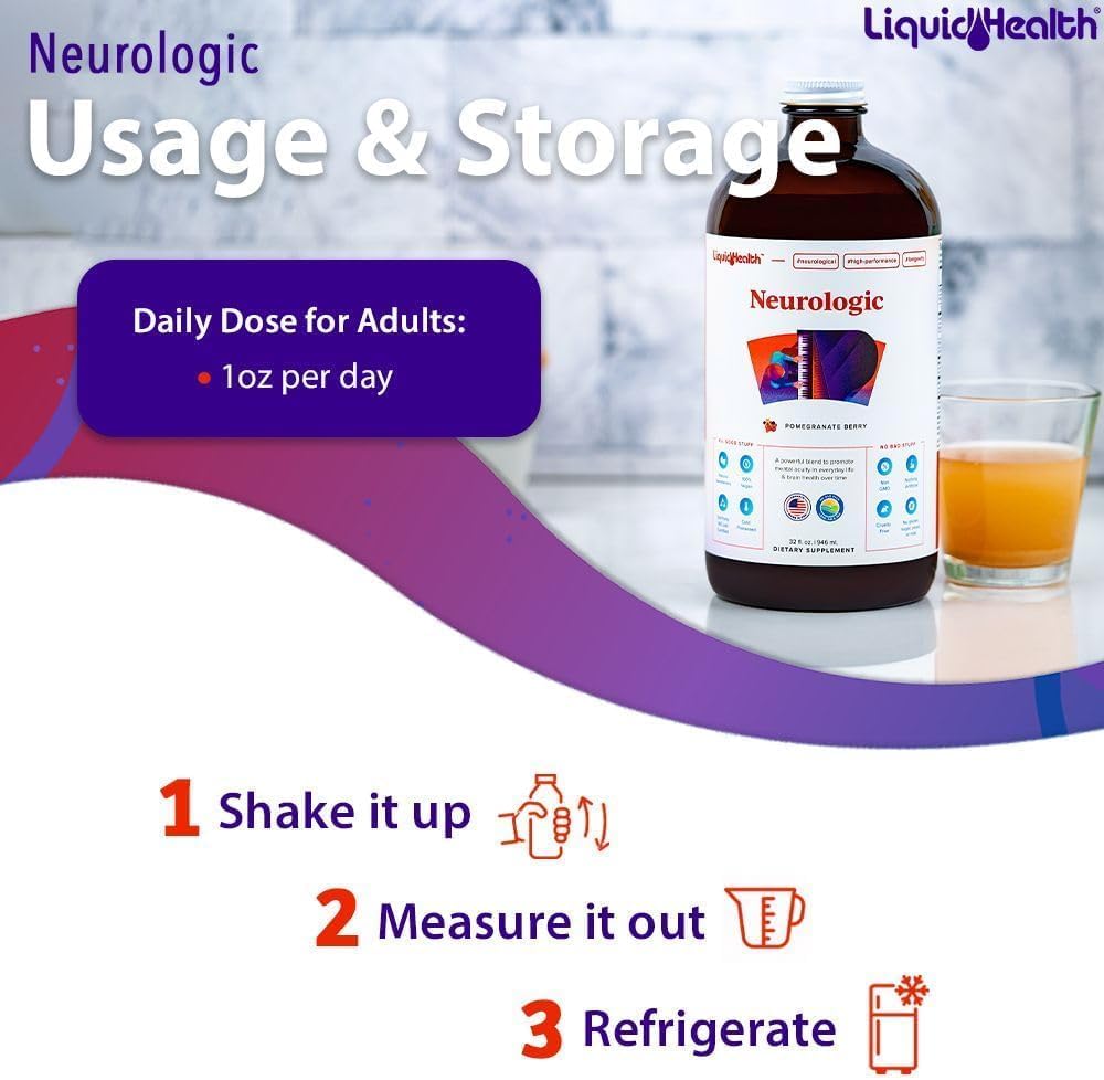 LiquidHealth 32 Oz Nootropic Brain Supplement for Memory & Focus - Cognitive Function Booster with Ginkgo Biloba, Choline, L-Theanine - 3 Pack