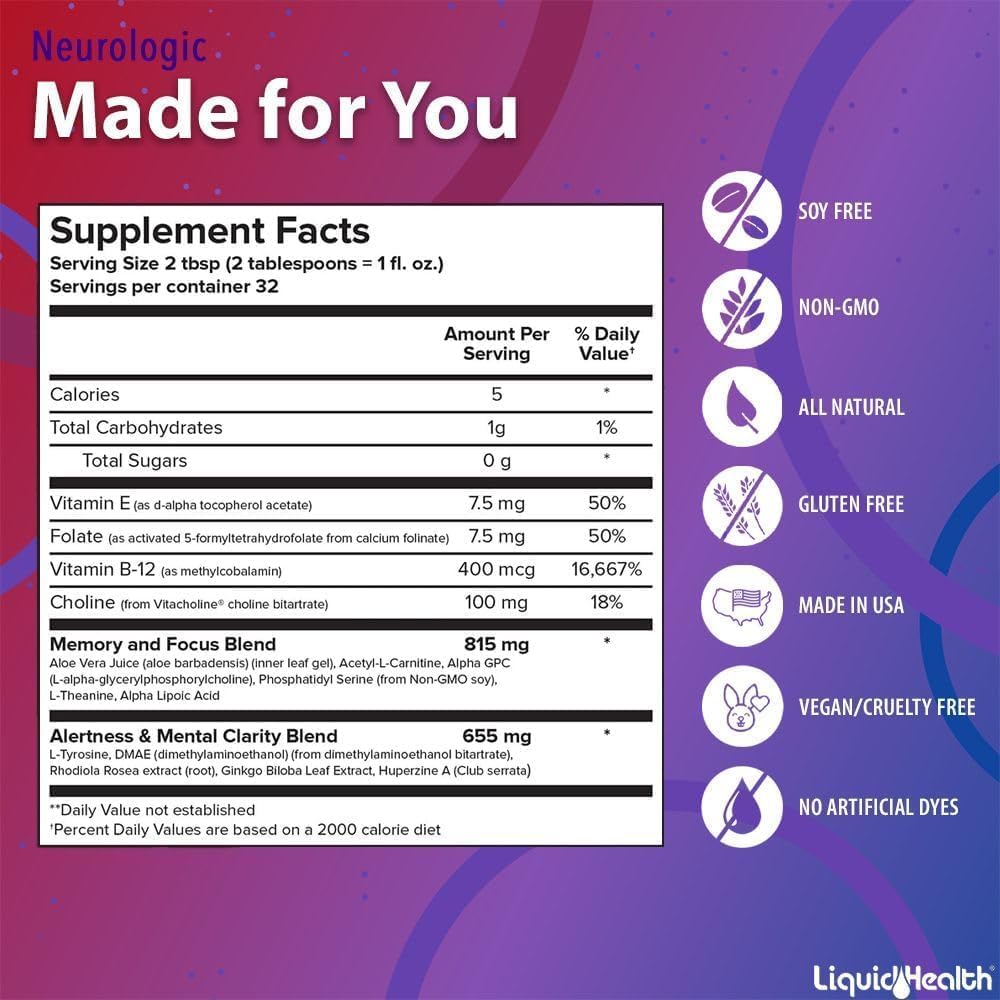 LiquidHealth 32 Oz Nootropic Brain Supplement for Memory & Focus - Cognitive Function Booster with Ginkgo Biloba, Choline, L-Theanine - 3 Pack