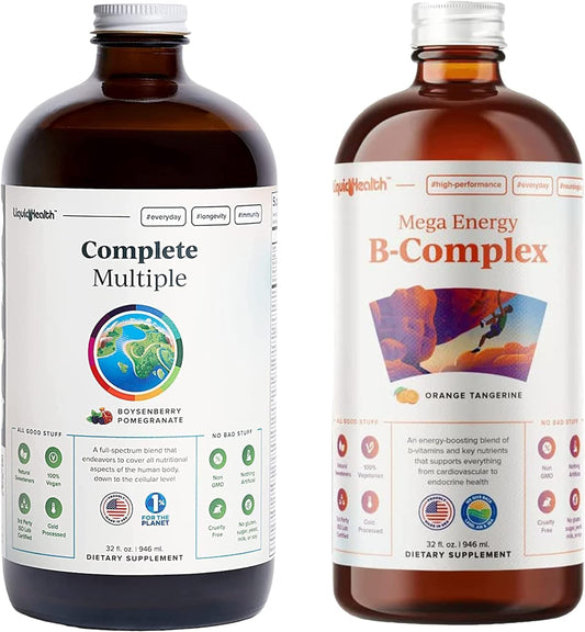 LiquidHealth Complete B-Complex Daily Liquid Vitamins Bundle for Adults - Immune Support, Energy Boost, Gut & Heart Health - Whole Foods, Vegan, Non-GMO