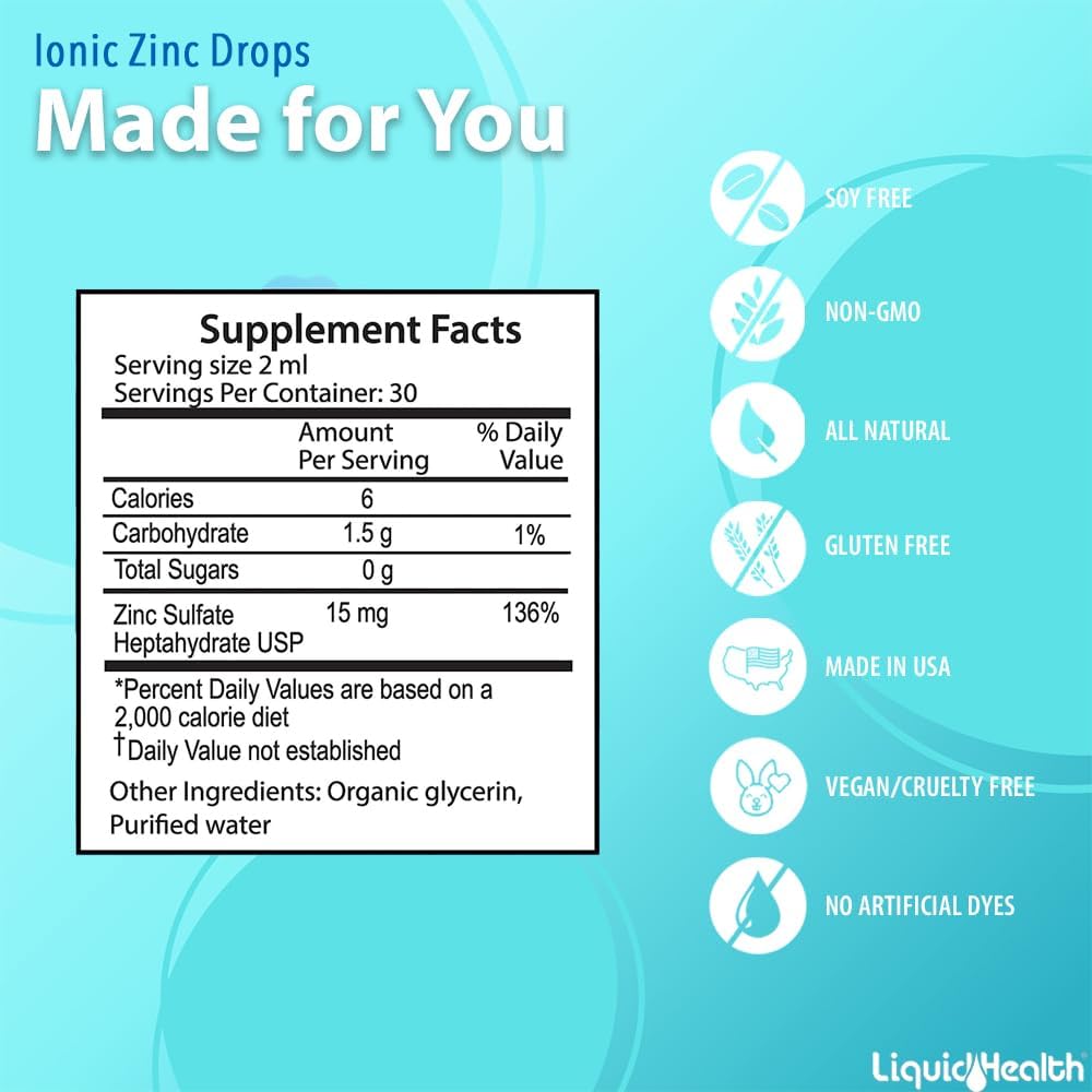 LiquidHealth Ionic Zinc Drops, 15mg - 2 Oz Liquid Supplement for Adults, Men, Women & Kids 4+, Pure Zinc Vitamin with Zinc Sulfate Heptahydrate (2 Pack)