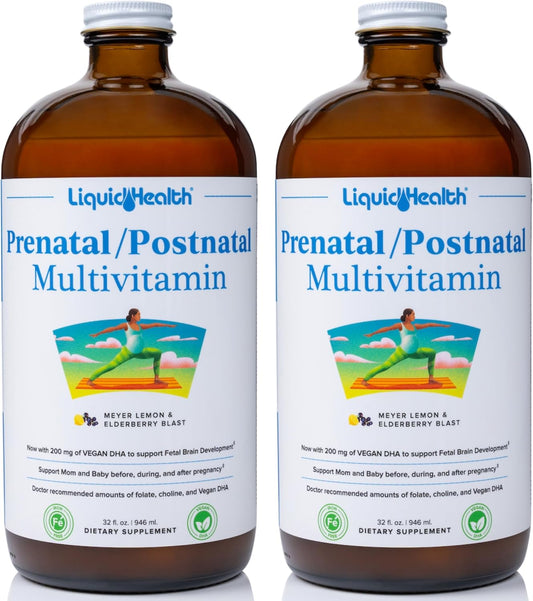 LiquidHealth Prenatal & Postnatal Women's Multivitamin with Real Folate - Vegan, Sugar-Free, Non GMO - Before, During, After Pregnancy - Great Taste - 2 Pack
