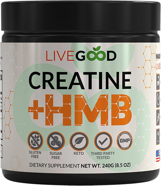 LIVEGOOD™ Creatine Plus HMB Supplement - Boost Muscle Strength & Recovery with 3g HMB - 8.5oz Jar