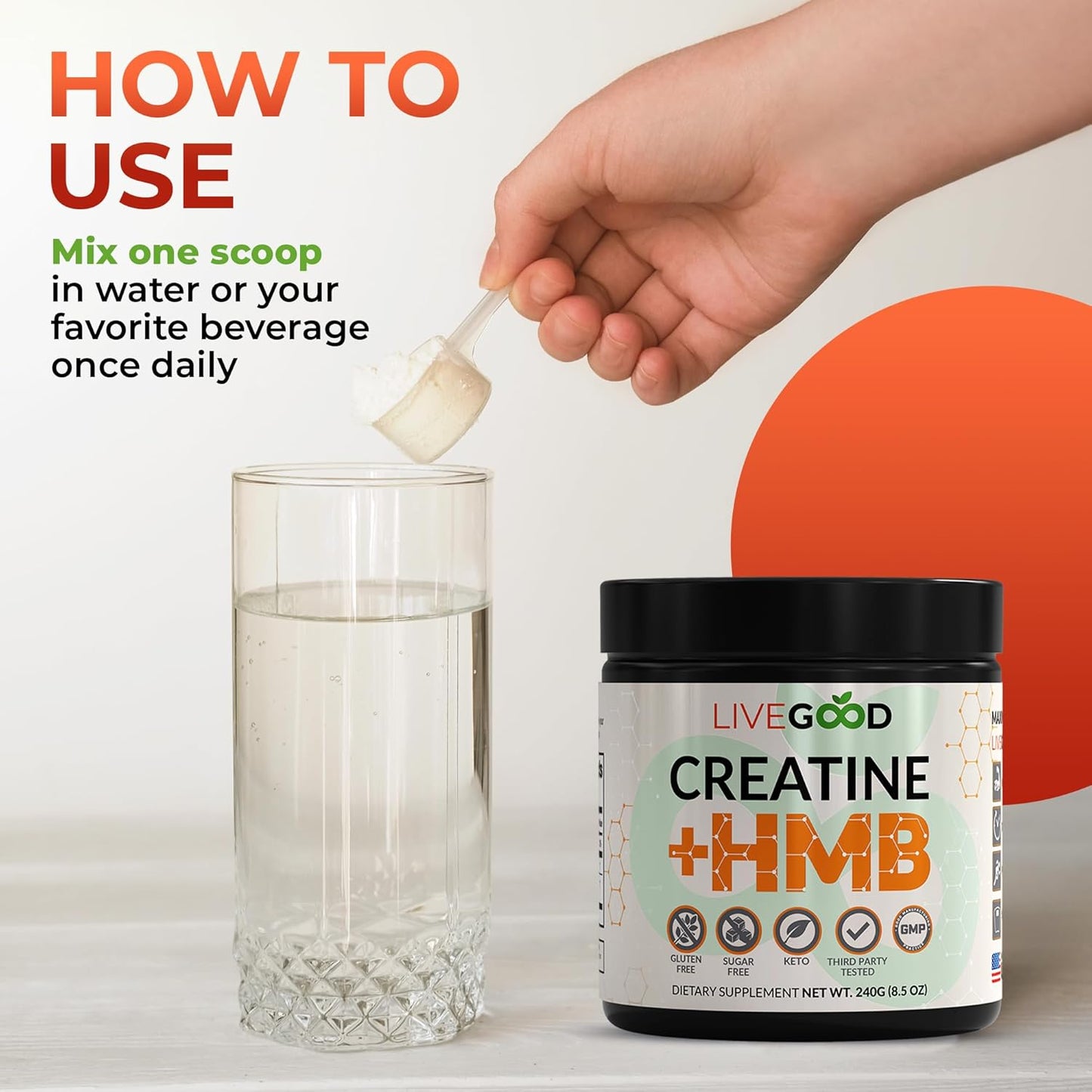 LIVEGOOD™ Creatine Plus HMB Supplement - Boost Muscle Strength & Recovery with 3g HMB - 8.5oz Jar