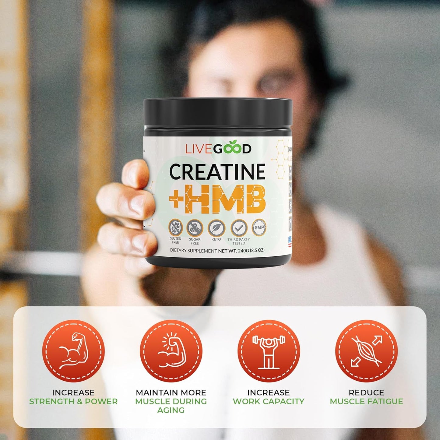 LIVEGOOD™ Creatine Plus HMB Supplement - Boost Muscle Strength & Recovery with 3g HMB - 8.5oz Jar