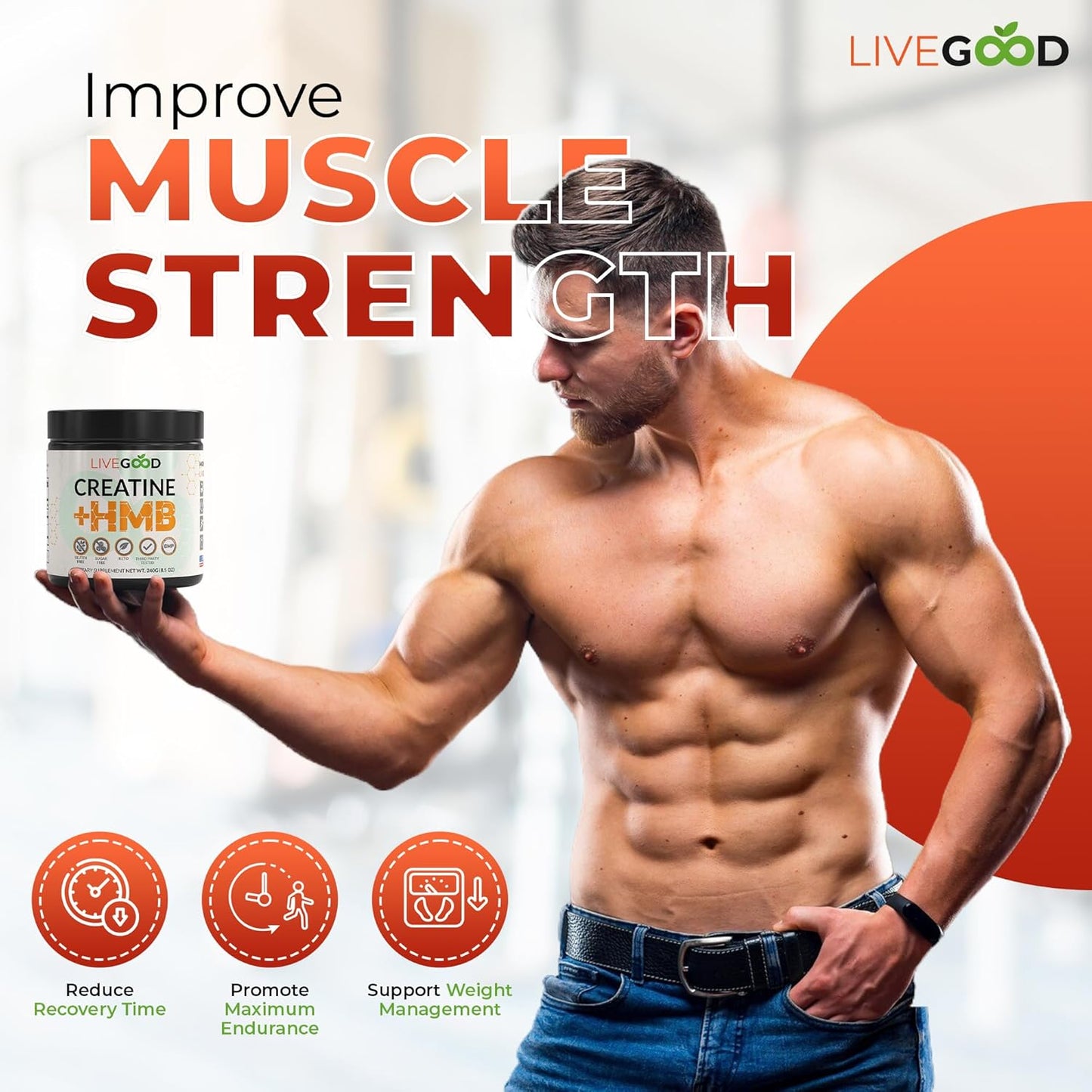 LIVEGOOD™ Creatine Plus HMB Supplement - Boost Muscle Strength & Recovery with 3g HMB - 8.5oz Jar