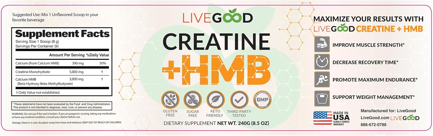 LIVEGOOD™ Creatine Plus HMB Supplement - Boost Muscle Strength & Recovery with 3g HMB - 8.5oz Jar