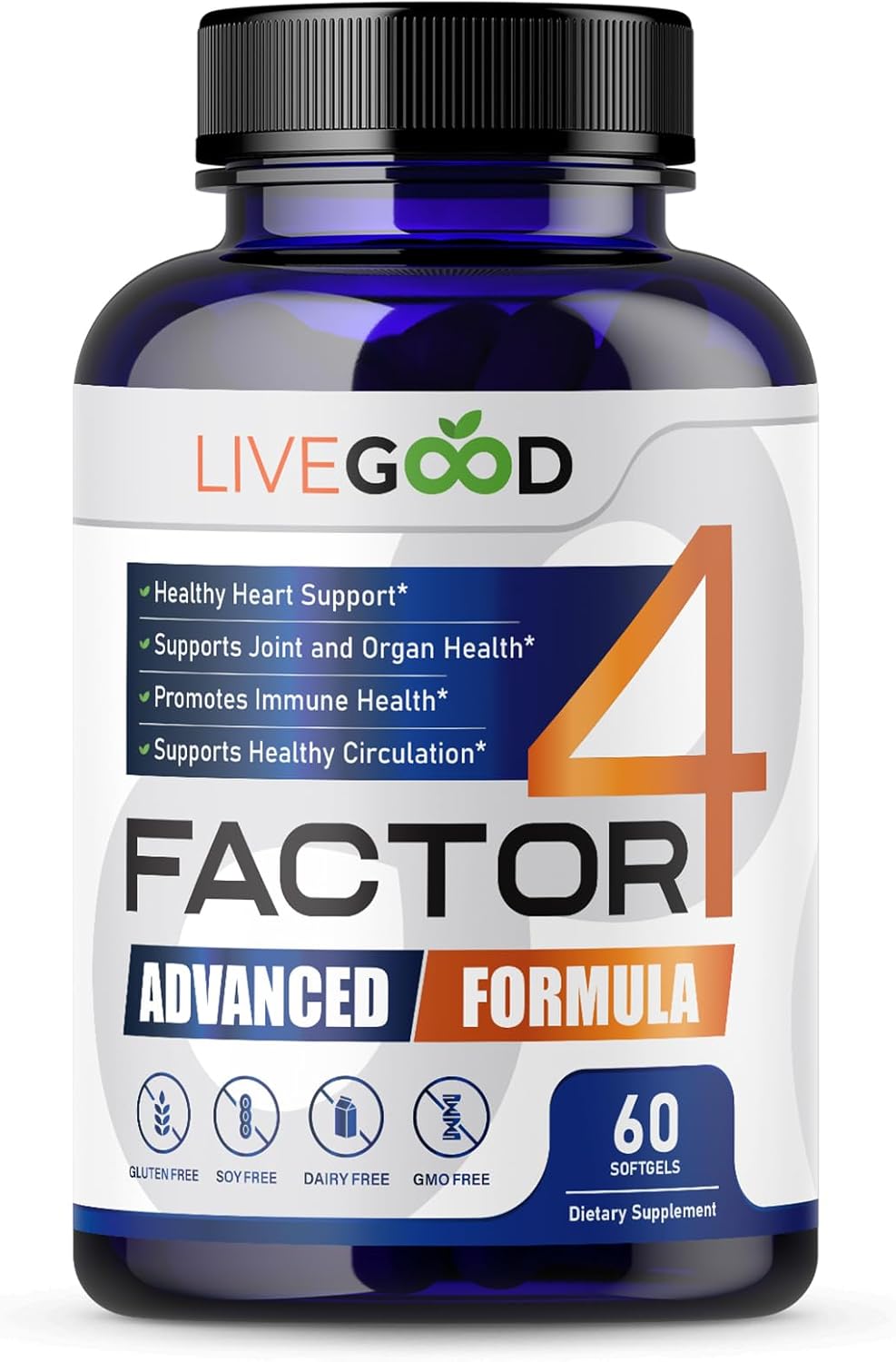 LIVEGOOD™ Factor4 Advanced Supplement with Fish Oil, Turmeric, Coenzyme Q10, Garlic - Non-GMO - 60 Capsules