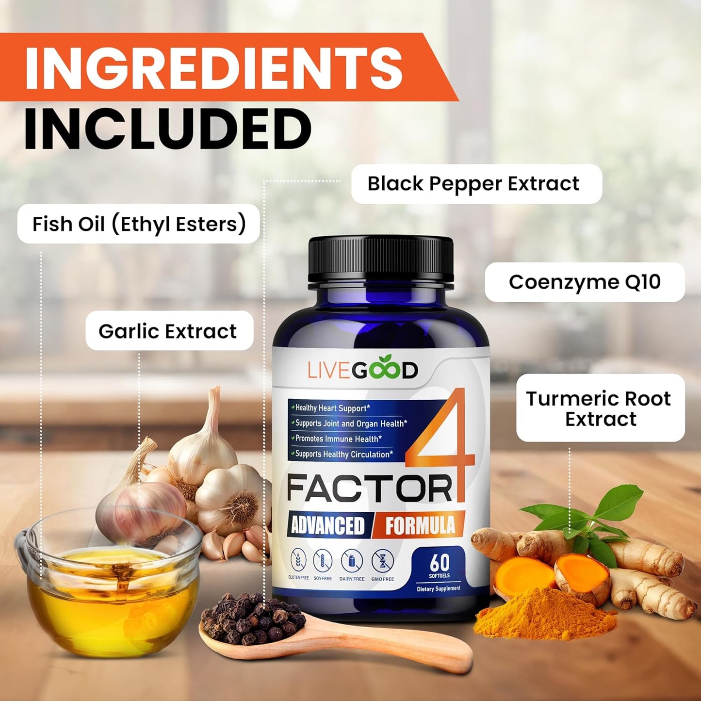 LIVEGOOD™ Factor4 Advanced Supplement with Fish Oil, Turmeric, Coenzyme Q10, Garlic - Non-GMO - 60 Capsules