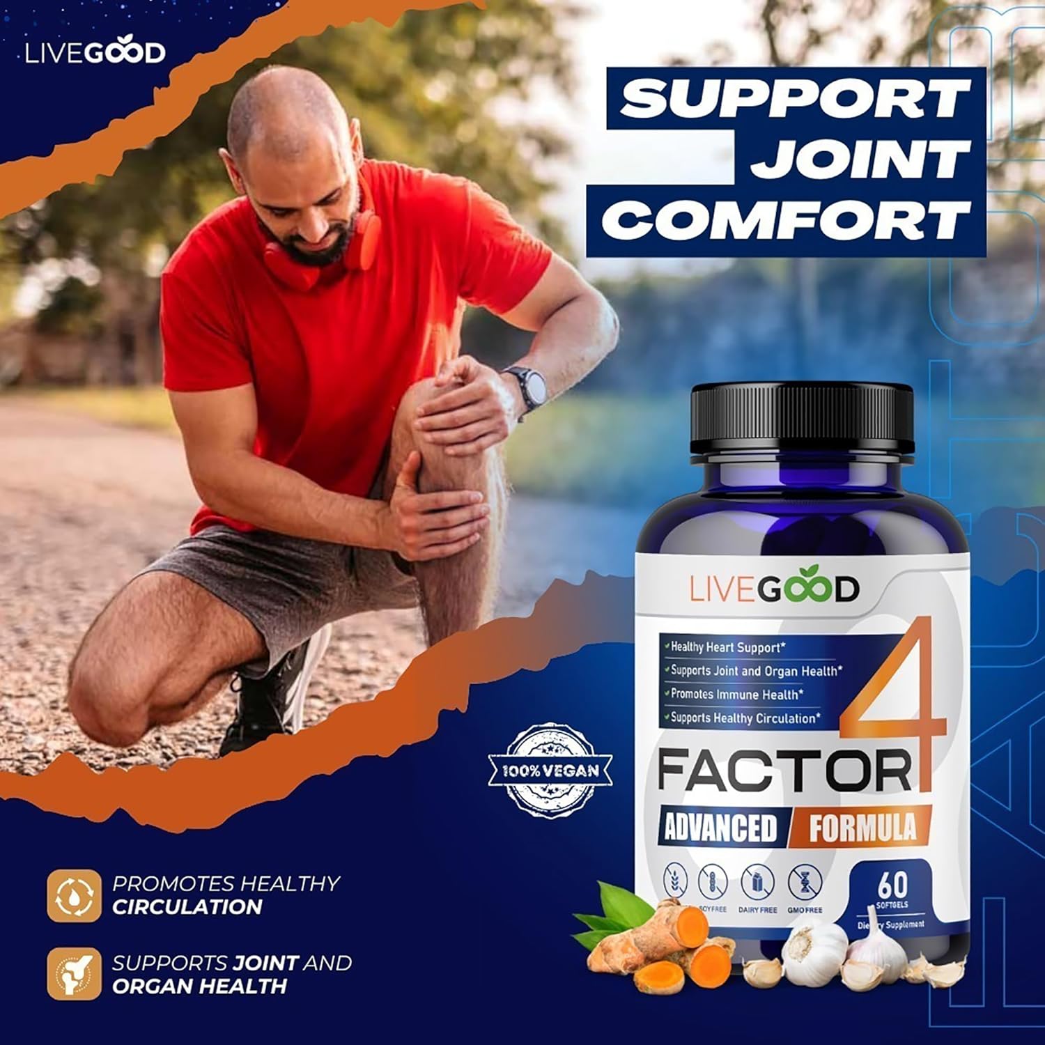 LIVEGOOD™ Factor4 Advanced Supplement with Fish Oil, Turmeric, Coenzyme Q10, Garlic - Non-GMO - 60 Capsules