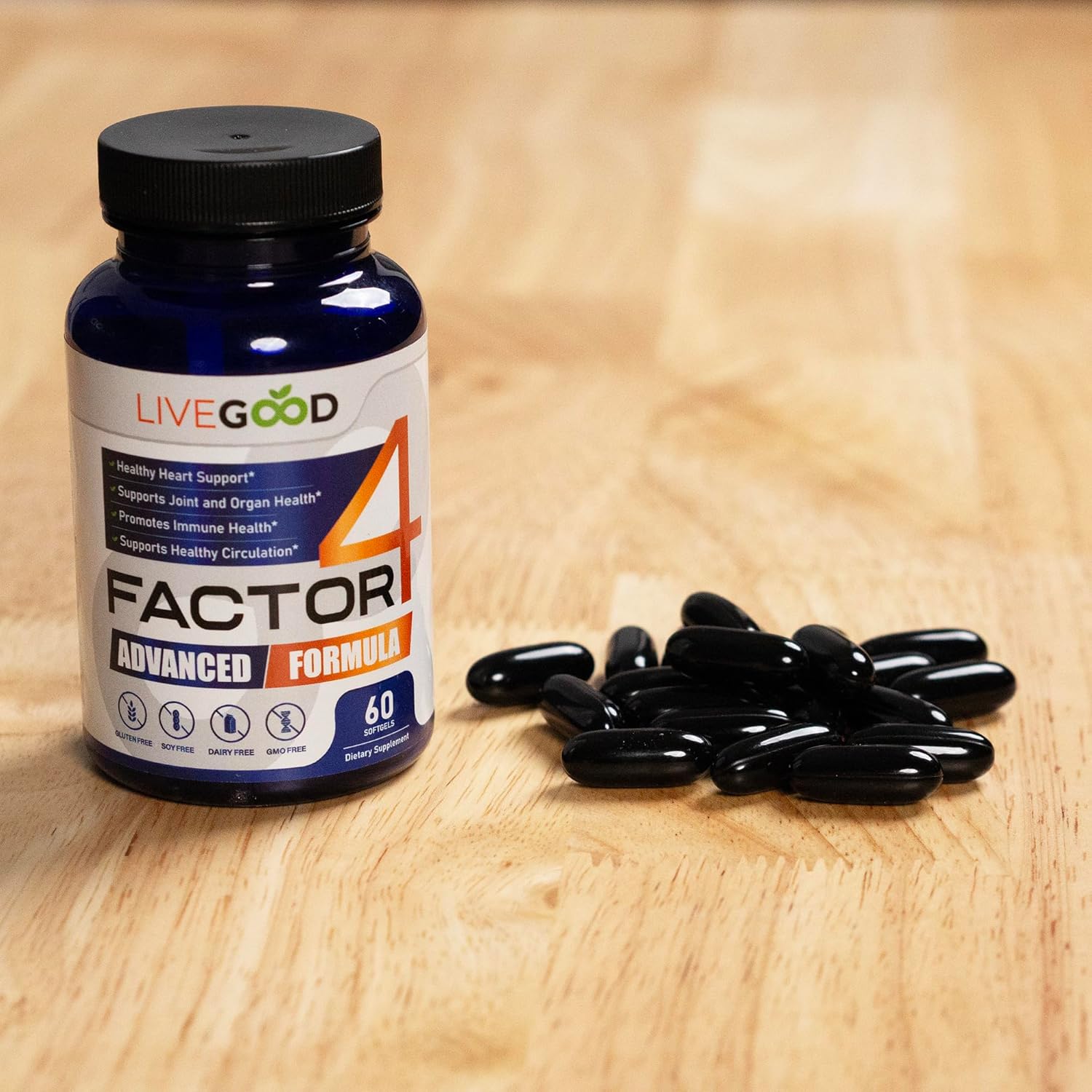 LIVEGOOD™ Factor4 Advanced Supplement with Fish Oil, Turmeric, Coenzyme Q10, Garlic - Non-GMO - 60 Capsules