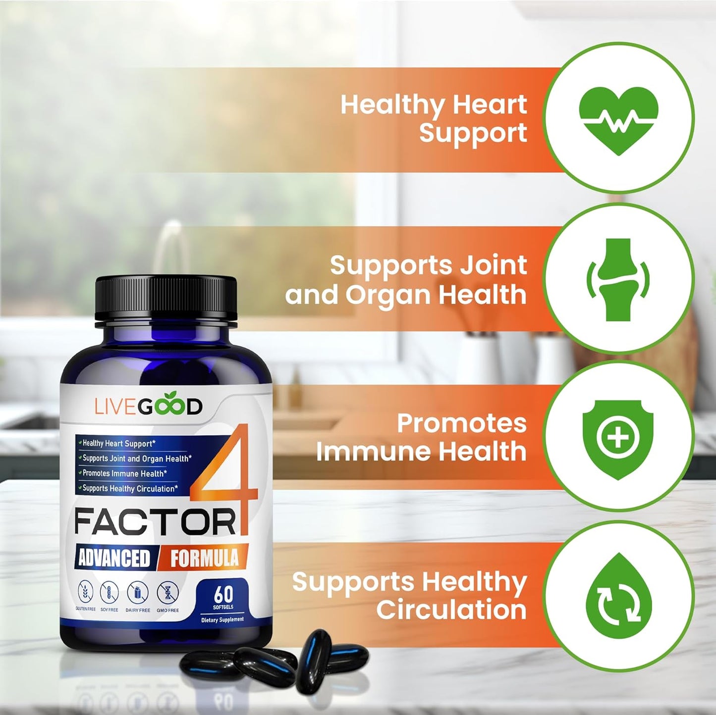LIVEGOOD™ Factor4 Advanced Supplement with Fish Oil, Turmeric, Coenzyme Q10, Garlic - Non-GMO - 60 Capsules