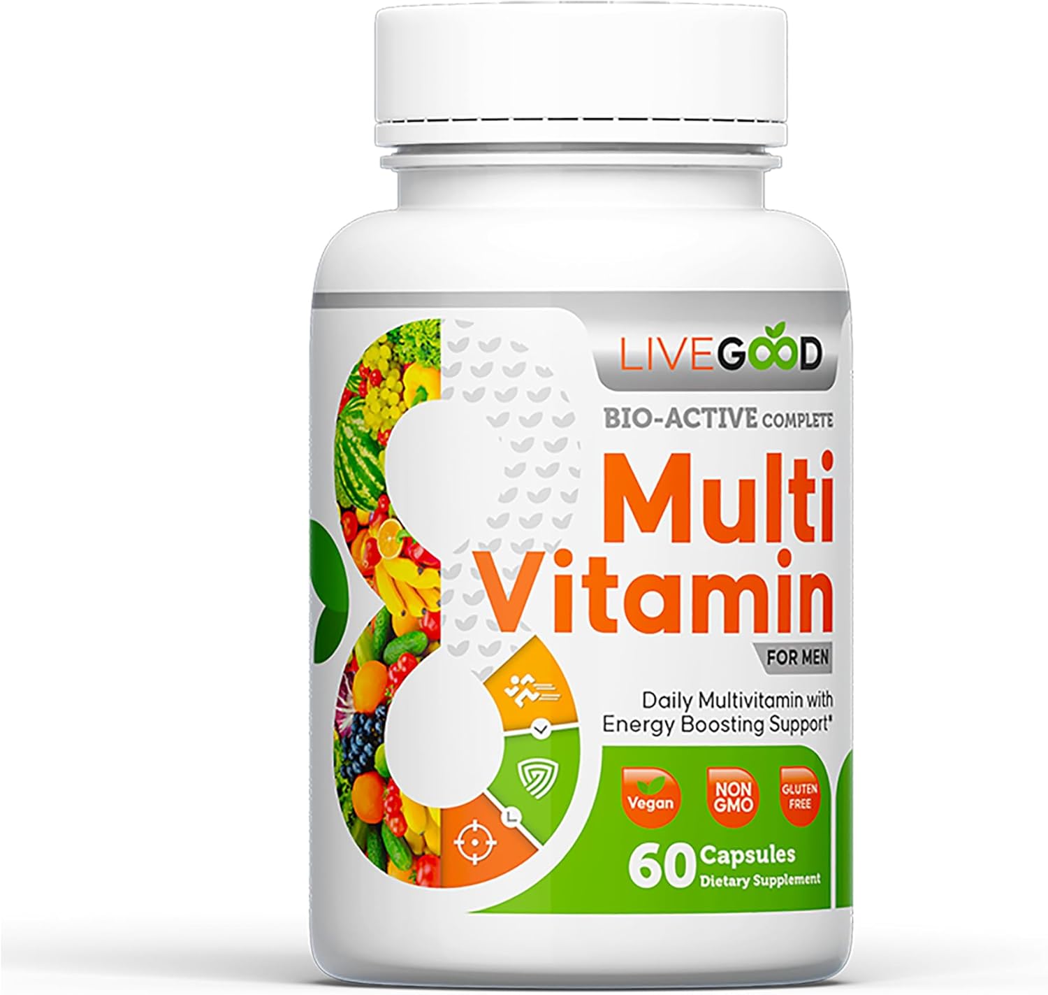 LiveGood™ Men's Bio-Active Multivitamin with Vitamin A, B12, C, E, Lycopene - Vegan Daily Supplement, 60 Capsules
