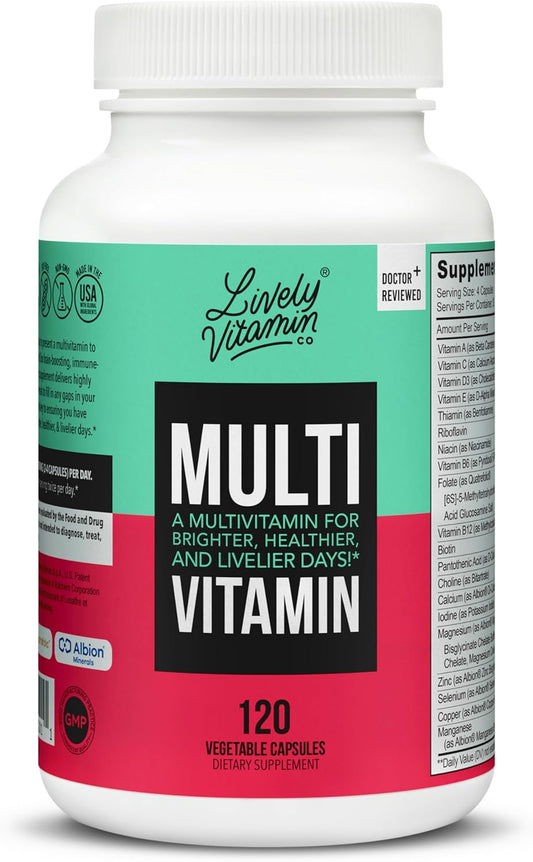 LIVELY VITAMIN CO. Multivitamin Supplement - 37 Essential Nutrients for Energy, Memory, Immune Support, Heart and Brain Health - Antioxidants - 120 Veg Caps - Gluten Soy Dairy Free